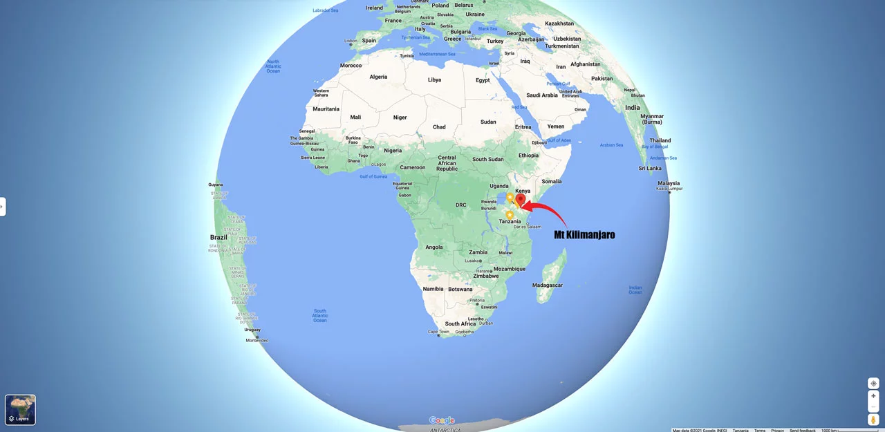 location of Mount Kilimanjaro on the world map