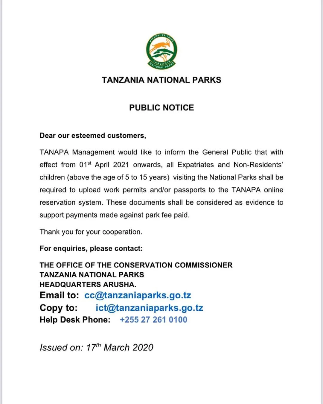 Kilimanjaro national Park permit notice by KINAPA